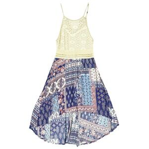 Inspired Hearts Lace Bodice Blue Patchwork Handkerchief Hi Low Bottom L